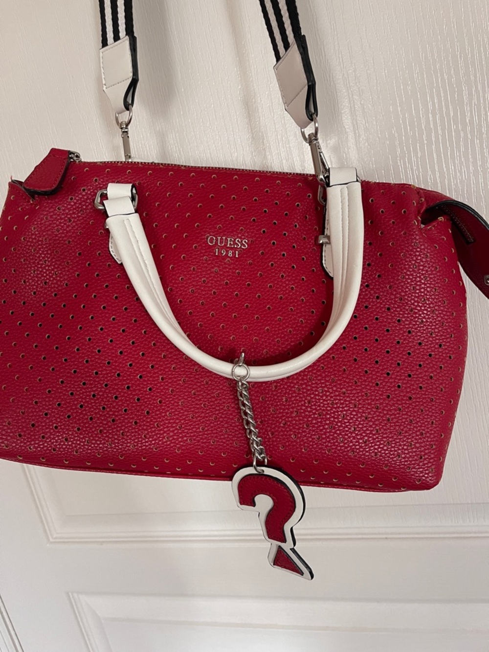 GUESS Red Satchel with White Handles and Striped Shoulder Strap